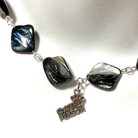 Blue Irregular Mother of Pearl Shell Necklace + Cat Person Paw Print Pendant - Picture 1 of 13